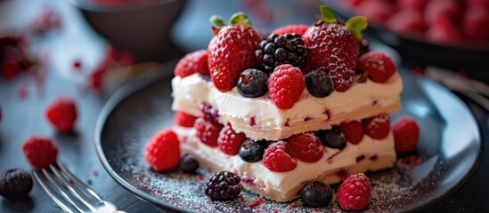 Canvas Print - Yummy homemade heart shaped dessert with cream and berries.