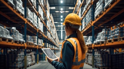 Poster - Distribution warehouse worker using digital tablet checking inventory storage on shelf, manage inventory control and delivery transportation through intelligent warehouse. Generative AI.