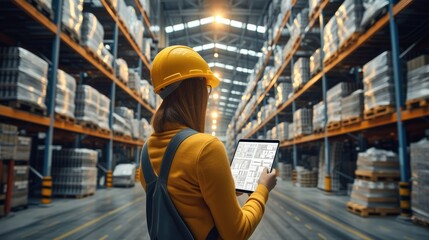 Poster - Distribution warehouse worker using digital tablet checking inventory storage on shelf, manage inventory control and delivery transportation through intelligent warehouse. Generative AI.