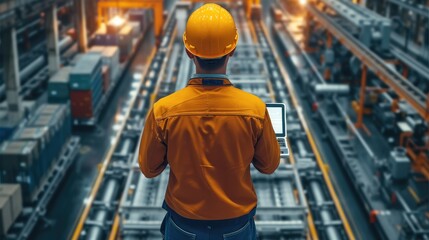 Poster - Welding robotics, Professional Engineer checking and controlling automation robot arms machine on real time monitoring system software in intelligent factory. Generative AI.
