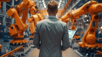 Poster - Welding robotics, Professional Engineer checking and controlling automation robot arms machine on real time monitoring system software in intelligent factory. Generative AI.