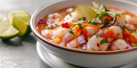 Wall Mural - Fresh Shrimp Ceviche with Citrus and Herbs. Citrusy shrimp ceviche with fresh herbs and onions, served in a rustic bowl, copy space.