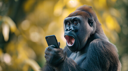 Wall Mural - Surprised gorilla holding a smartphone with a comical expression.