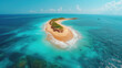 Sandy beach and tropical island by atoll with coral reef and axure water, top view. Patawan island with sandy beach. Summer and travel vacation concept.
