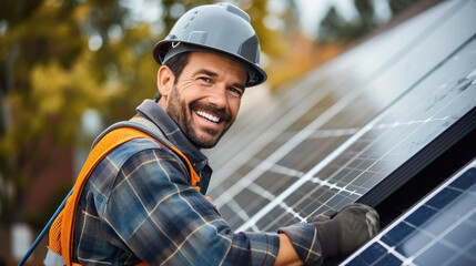 Poster - A happy electrician installing solar on roof at house. Generative AI.