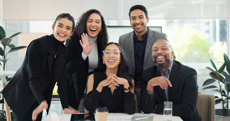 Poster - Face, video call and business people with planning, meeting and cooperation with network, legal aid and brainstorming. Portrait, group and staff with online chatting, virtual conference and lawyers