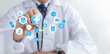 © Antony Weerut - Health insurance and healthcare medical concept. Doctor hand with stethoscope and medical icons in hospital. World health day. access to welfare health and Medical technology. copy space. AI.