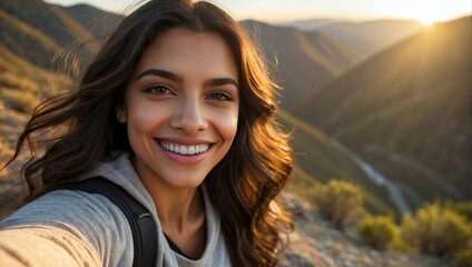 Close-up selfie of a young female with long brunette hair and a warm smile, taken outdoors with soft sunlight and mountainous backdrop.