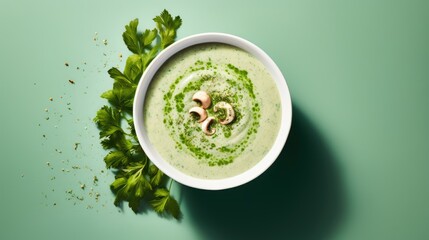 Wall Mural - Mushroom cream soup on a soft green background, copyspace top view.