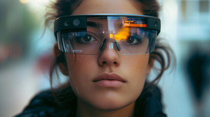 Poster - Smart glasses. Close-up of a young woman experiencing augmented reality through cutting-edge smart glasses technology in an urban setting.
