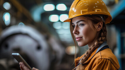 Poster - Happy female worker with hard hat looking at tablet computer in steel fabrication shop. Generative AI.