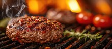 Traditional Burger Grilling A Thick Juicy Minced Beef Patty On A Griddle.
