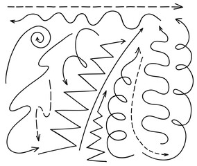 Poster - Doodle straight long arrows and curve line direction pointers, vector set. Abstract zigzag, spiral and dash line or wavy arrows with right, up or down and left direction in circle or curly doodle line