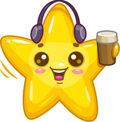 Aufkleber - Cartoon cute kawaii star and twinkle personage character wearing trendy headphones, happily sipping from a coffee cup. Isolated vector whimsical adorable toon radiates a cheerful celestial vibes