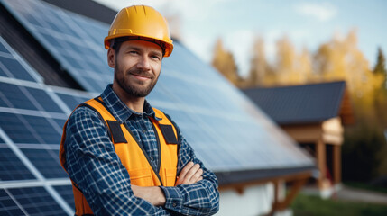 Poster - A confident electrician in safety gear, standing in front of house on which are photovoltaic solar panels. Generative AI.