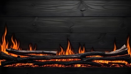 Burned wood background with a broad banner of blackened, charred wood. A dark burnt and scorched woodgrain abstract motif. Idea of firewood, wallpaper, flames, charcoal, grill, and tree.