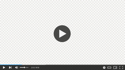 Poster - Video player transparent screen, vector interface template. Skin ui design with play button, menu bar and slider, sound and settings signs. Digital multimedia online content and movie playing control