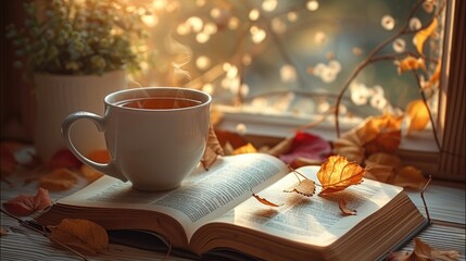 Under the warm and gentle light, an open book was placed next to a cup of fragrant hot tea. Generative AI.