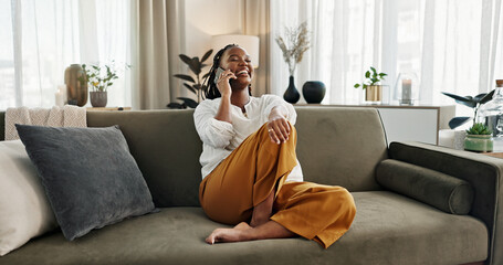 Sticker - Black woman on sofa, relax and phone call for good news, conversation and connection with smile in home. Happy girl on couch with smartphone, funny discussion and online chat in living room of house