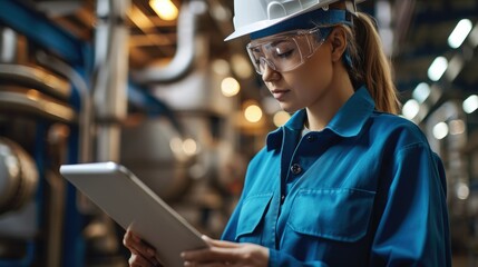Aufkleber - A female engineer with a tablet to program pressure instrument wearing blue working clothes and a white helmet. Generative AI.