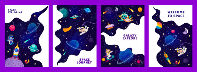 Wall Mural - Cartoon alien and astronauts, spaceship and rockets in starry galaxy space, vector posters. Kid spaceman with UFO saucer in spaceflight to galaxy planets and stars for space adventure in galactic sky