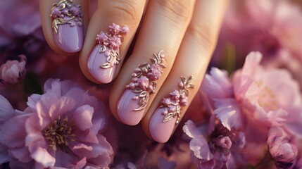 Wall Mural - Closeup Woman hand with beautiful nail design. Female hand with stylish, creative and modern manicure. Women fingers with fashion manicure. Luxury manicure. Purple, lilac, lavender color nails.