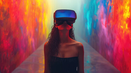 Aufkleber - A woman immersed in a virtual reality world painted in the bold colors, the vibrant environment pulsating with energy. Generative AI.
