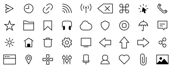 Basic user interface icon set. UI icons 36 vector.  mobile phone apps. Thin line icon vector illustration concept.
