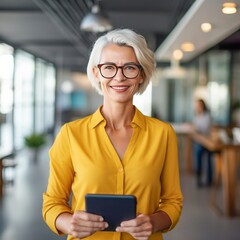 Mature busy business woman financial manager using digital tablet working in office. professional businesswoman executive holding tab technology device standing at work