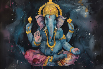 Wall Mural - Ganesha, Hinu God, Watercolor Illustration, Generative AI