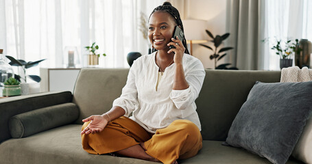 Poster - Funny, phone call and black woman on sofa, talking or communication at home. Smartphone, conversation and African person laughing, listening to story and comedy, chat or news and happy in living room