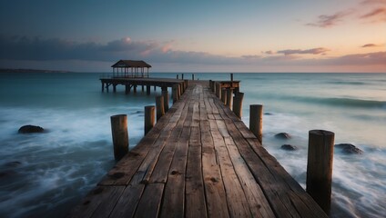 Wall Mural - morning landscape with a wooden pier in the ocean