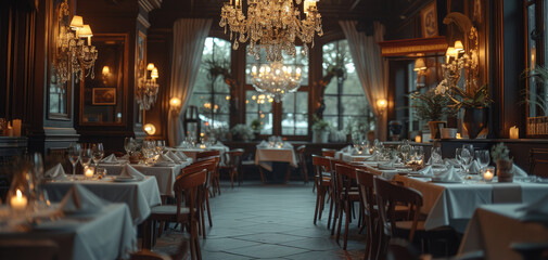 Poster - An old restaurant with crystal chandeliers, candles on the table. Generative AI.