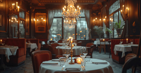 Poster - An old restaurant with crystal chandeliers, candles on the table. Generative AI.