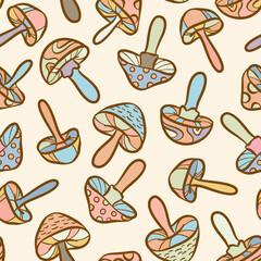 Poster - Retro mushroom seamless vector repeat pattern, groovy background design