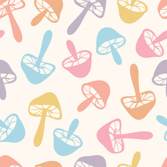 Poster - Cute colorful mushroom doodle vector repeat pattern, pastel seamless background