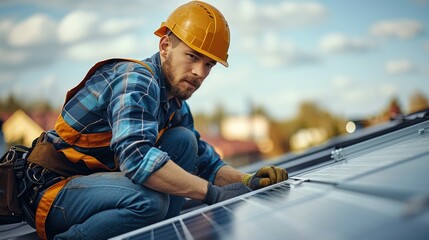 Aufkleber - Men electrician installing solar photovoltaic panels on roof, solar module station on roof of house, alternative energy concept. Generative AI.