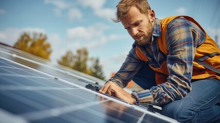 Poster - Men electrician installing solar photovoltaic panels on roof, solar module station on roof of house, alternative energy concept. Generative AI.