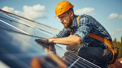 Poster - Men electrician installing solar photovoltaic panels on roof, solar module station on roof of house, alternative energy concept. Generative AI.