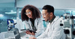 © Coetzee/peopleimages.com - Science, teamwork and scientist with tablet in laboratory for communication, pharmaceutical review or planning. Employees, collaboration and technology for research, discussion and digital analysis