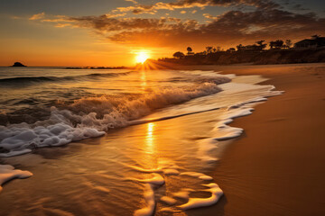 Wall Mural - Serenity in Golden Horizon: A Beautiful Sunrise Over the Sandy Beach