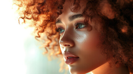 Wall Mural - Radiant Beauty: A Captivating Portrait of a Young Afro-American Woman with Curly Hair, expressing a Positive and Attractive Outlook, against a Bright Outdoor Summer Background.