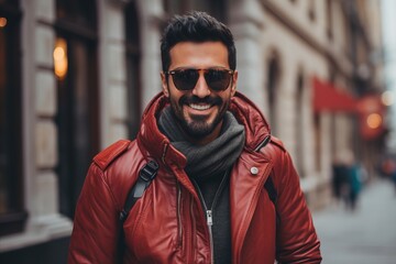 Portrait of a handsome young man in a red jacket and sunglasses on the street.