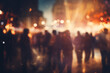 Blurred crowd on an evening street with warm bokeh lights, ideal for festive backgrounds. Bokeh Lights and Evening Street Crowd