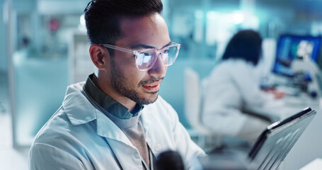 Poster - Tablet, scientist and happy for analysis in laboratory, healthcare and reading of online pharmaceutical research. Asian expert, technology or connection for innovation or information in biotechnology