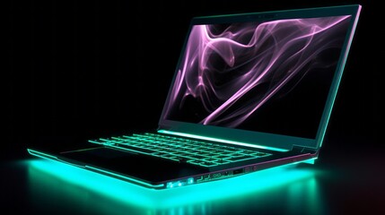 Poster - vibrant glowing laptop illuminated on desk in modern workspace environment