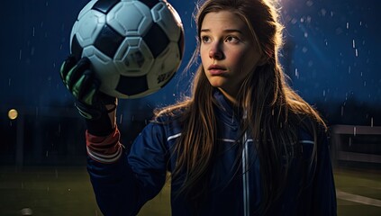 The soccer goalkeeper, a woman of skill and determination, makes a confident catch, safeguarding her team's position.