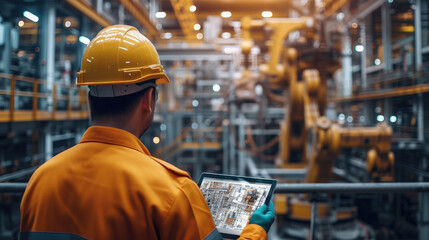 Aufkleber - Welding robotics and digital manufacturing operation, Industrial engineer using tablet check and control automation robot arms machine in intelligent factory. Generative AI.