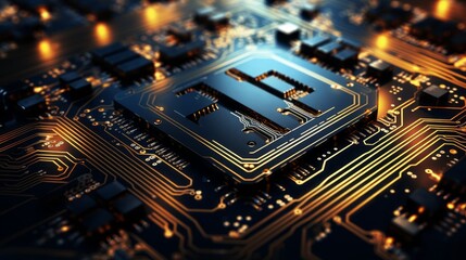 Poster - Circuit board close-up: intricate gold pattern on computer motherboard surface
