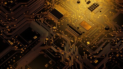 Poster - Circuit board close-up: intricate gold pattern on computer motherboard surface